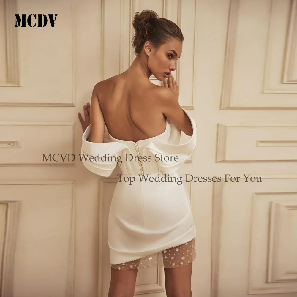 MCDV Off Schouder Mini Trouwjurken Corset Terug V-hals Satijn Korte Formele Bruid Feestjurk Robe de mariage Aangepaste