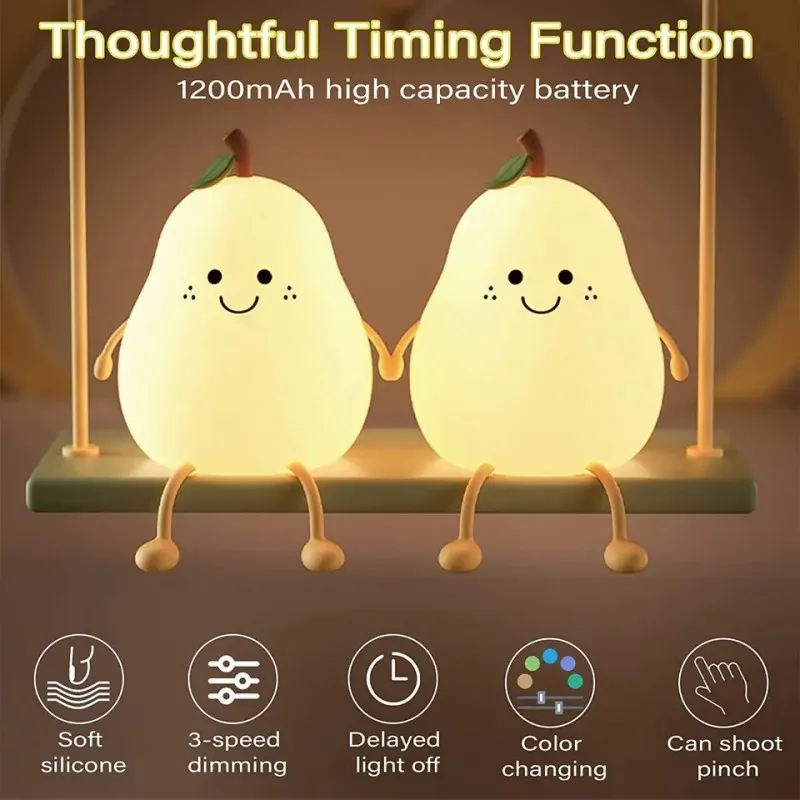 Creative Cute LED Pear Night Light USB Rechargeable Dimming Touch Silicone Table Lamp Bedroom Decoration Couple Gift Boby Light