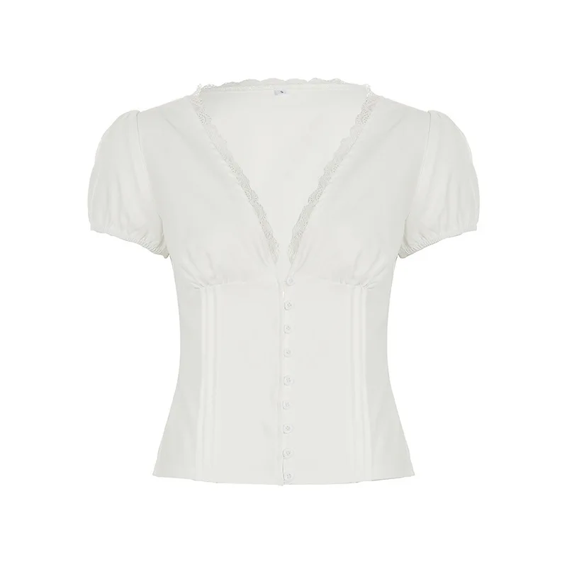 بلوزة نسائية أنيقة بياقة على شكل V وأكمام قصيرة منتفخة مع تطريز دانتيل، سترة ضيقة للنساء الشابات لفصل الخريف