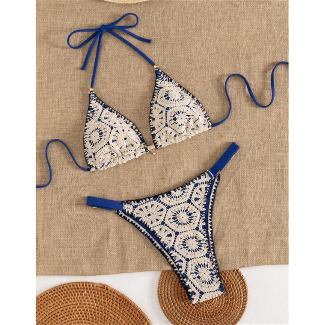 XS - L Bedruckter Neckholder-Bikini Damen-Badeanzug Zweiteiliger Bikini-Set mit hohem Beinausschnitt Badebekleidung Schwimmanzug V7801 – Detail 8