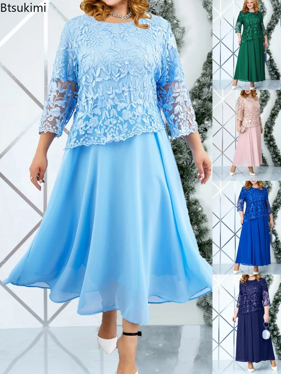 

Women's Ankle-Long Dress Embroidered Flower Elegant Party Dress Summer New Round Neck Seven Quarter Sleeve Dress Women Clothing