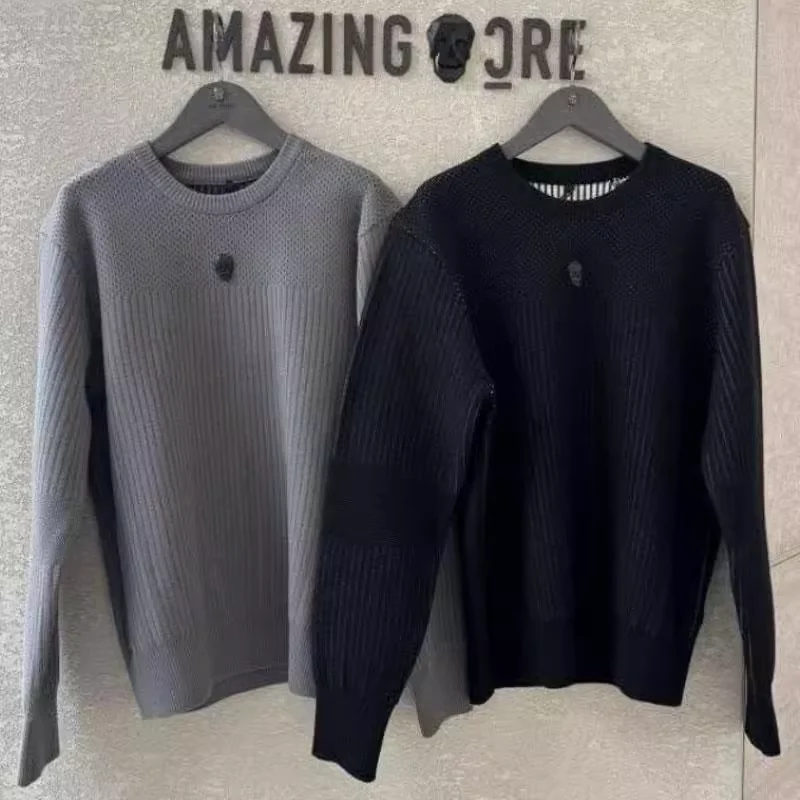 AMAZINGCRE 2024 Winter New Men's Golf Knitted Top Sports Warm Round Neck Long Sleeve Hoodie