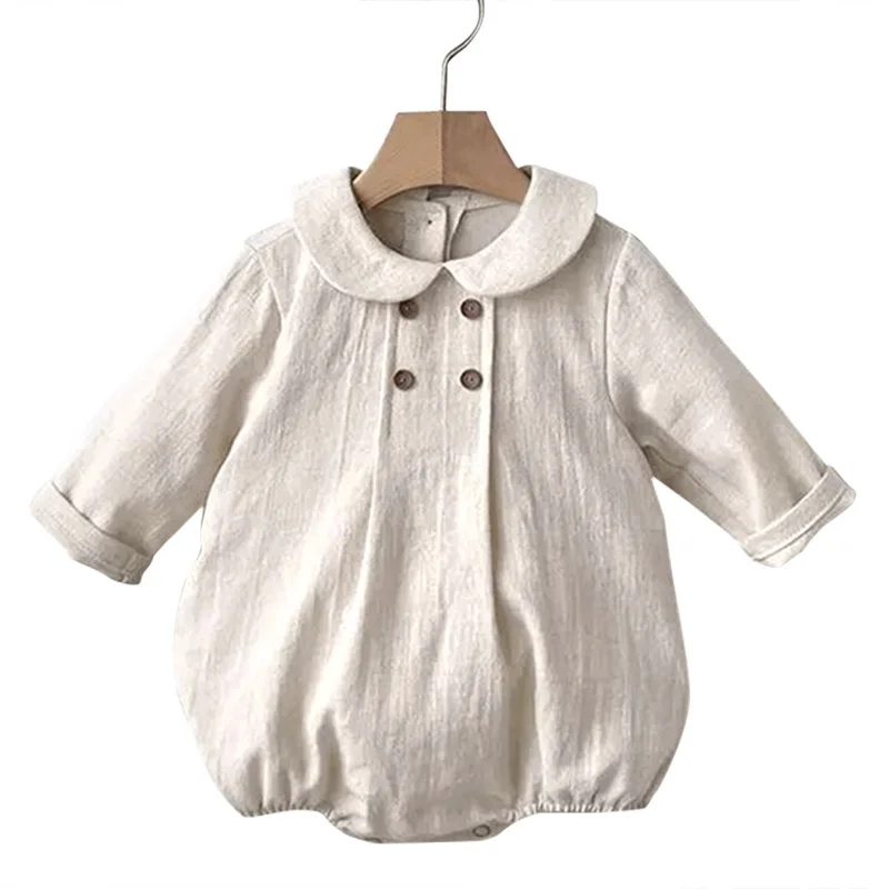 0-2y Infant Spring Cotton Linen Sweet Peter Pan Collar Bodysuit Girl Simple Solid Jumpsuit Baby Boys Long Sleeves Outfits