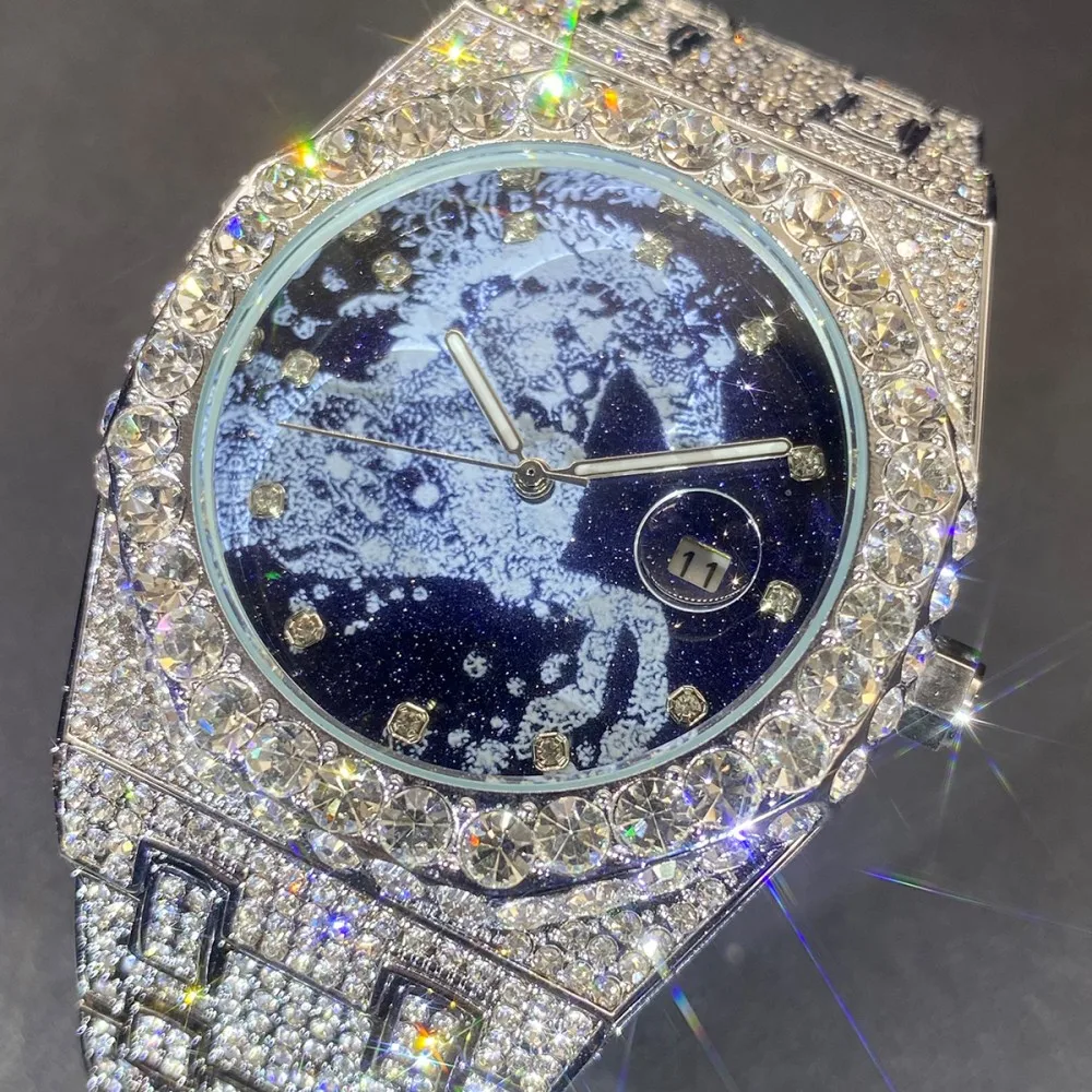 2026 Hip Hop Mens Quartz Watches MISSFOX Automatic Date Iced Wristwatch Fashion Diamond Jewelry Year Of The Horse Watch For Man view 4