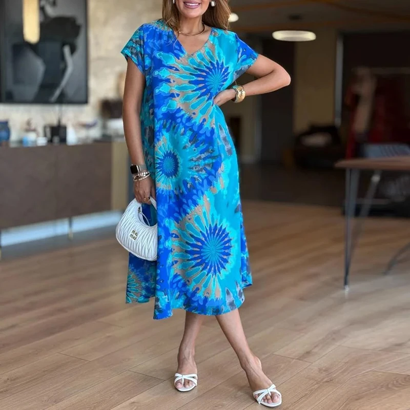 Elegantes Damenkleid, Boho, V-Ausschnitt, kurze Ärmel, lockere Vintage-Kleider, Damen, lässig, Strandparty, Midikleid