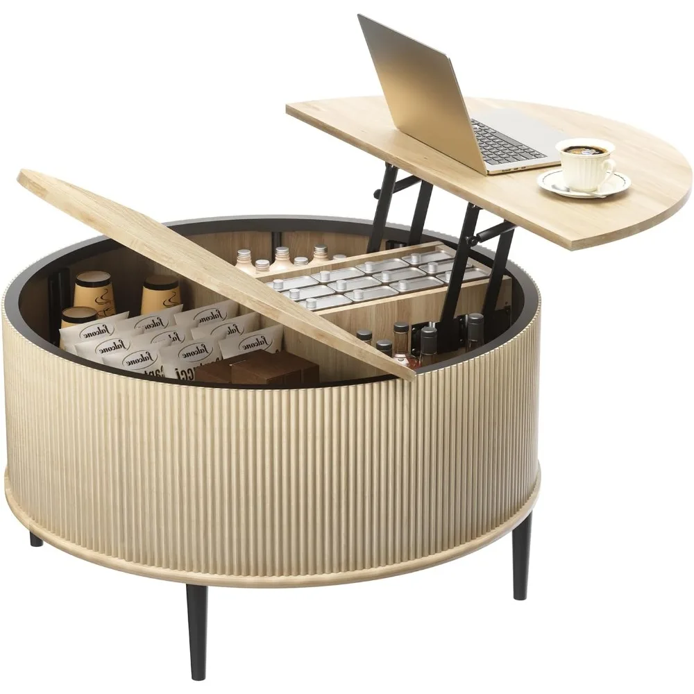 

Round Coffee Table with Storage, 31.5 Lift top Coffee Table，Fluted Modern Wooden Center Table for Living Room, Small Spac
