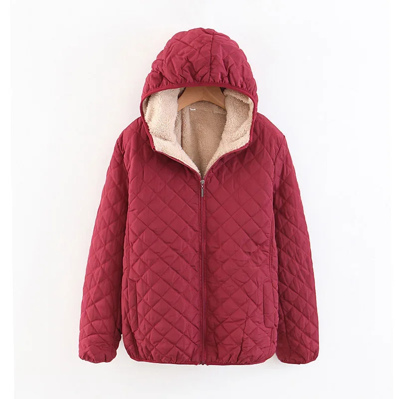 Fashionable and Casual Slim Fit, Slimming Plaid Lamb Wool Hooded Closure, Thickened Warm Cotton Jacket for Women, Plus Size