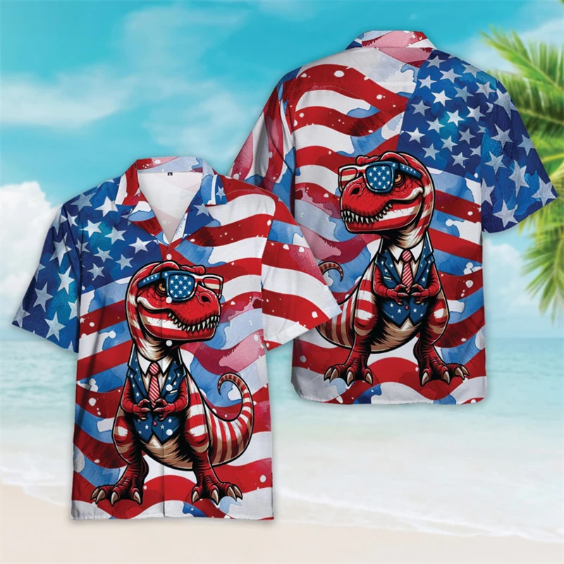 

Fashion Summer Dinosaur Men's Shirt American Flag Collar Shirt Patriotic Hawaiian holidays American Independence Day LeisureTop