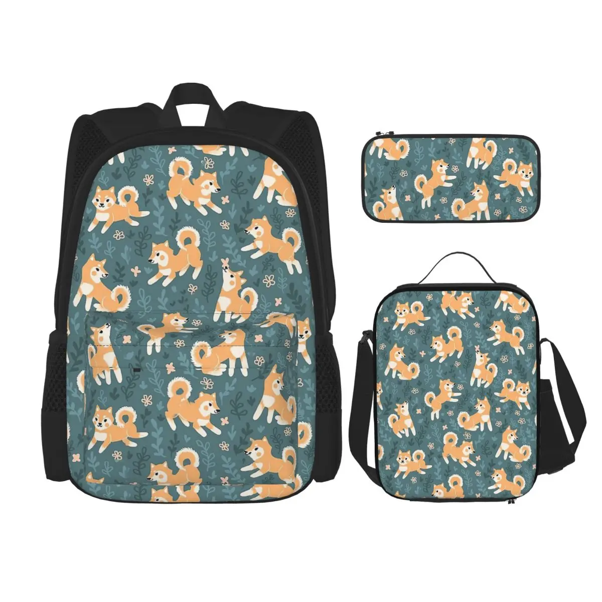Playful Shiba Inu Pattern Backpacks Students Bookbag School Bags Rucksack Lunch Bag Pen Bag Three-Piece Set