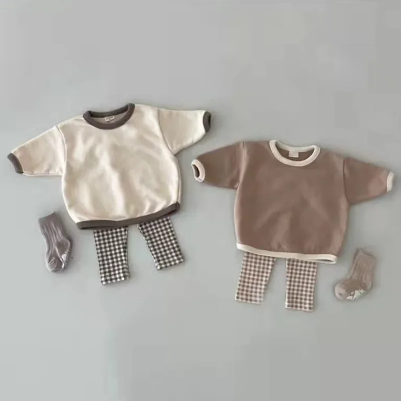 

2024 New Baby Boys Solid Cute Casual Long Sleeve Top Cotton Infant Toddler Girls Plaid Fashion Pant 2pc Set Children Pajamas