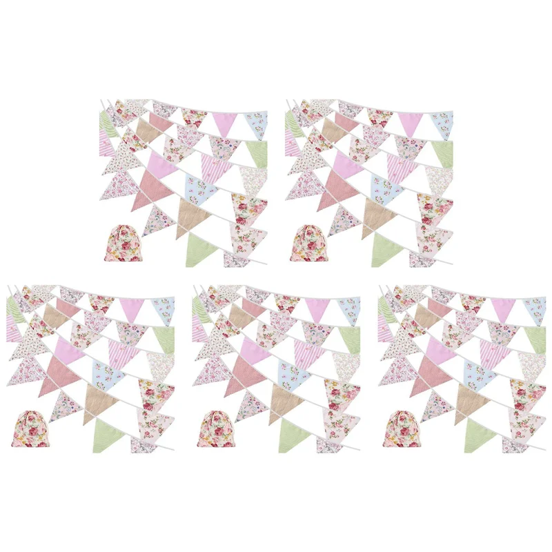 

AT63-5Pcs 40Ft Fabric Bunting, 42Pcs Outdoor Bunting Banner,Floral Vintage Cotton Triple-Cornered Flag