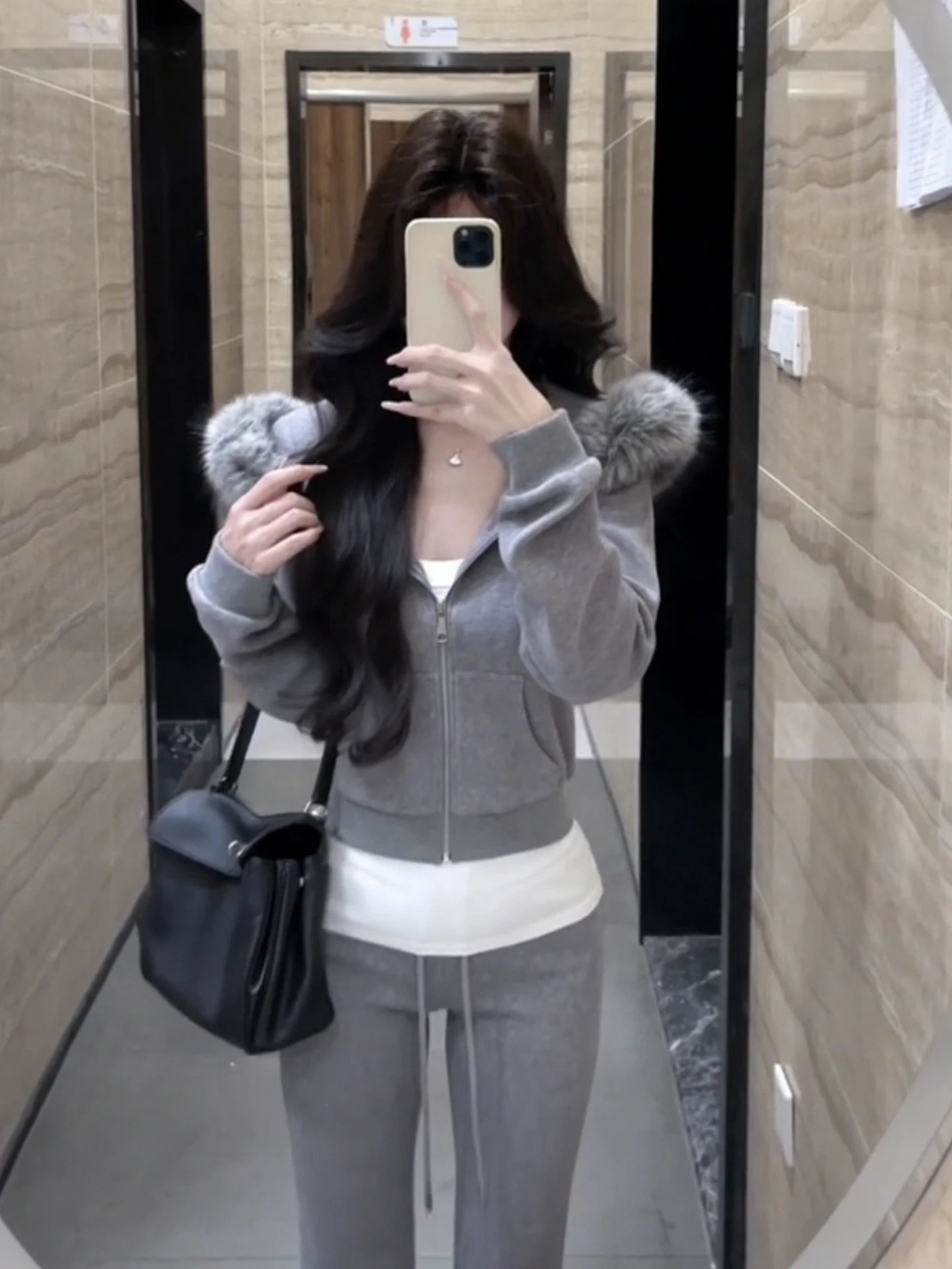 

Gray Hooded Jacket Women's Slim Fit High Waist Pants Casual Two-Piece Set Autumn Wear Sporty Style Faux Fur Collar Sweatshirt