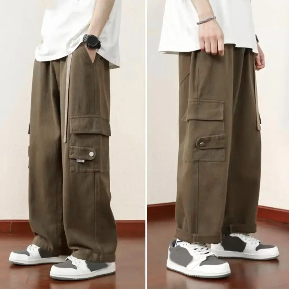 High Street Pants Vintage Loose Men's Cargo Pants with Elastic Waist Multi Pockets Strap Decor Soft Breathable for Daily