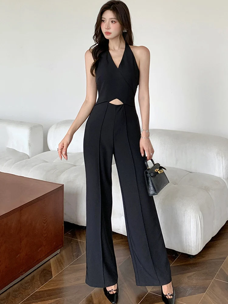 

Summer Sexy V-Neck Jumpsuits Women Sleeveless Halterneck Office Lady Work Wide-leg Rompers Business Casual Hollow-out Playsuits