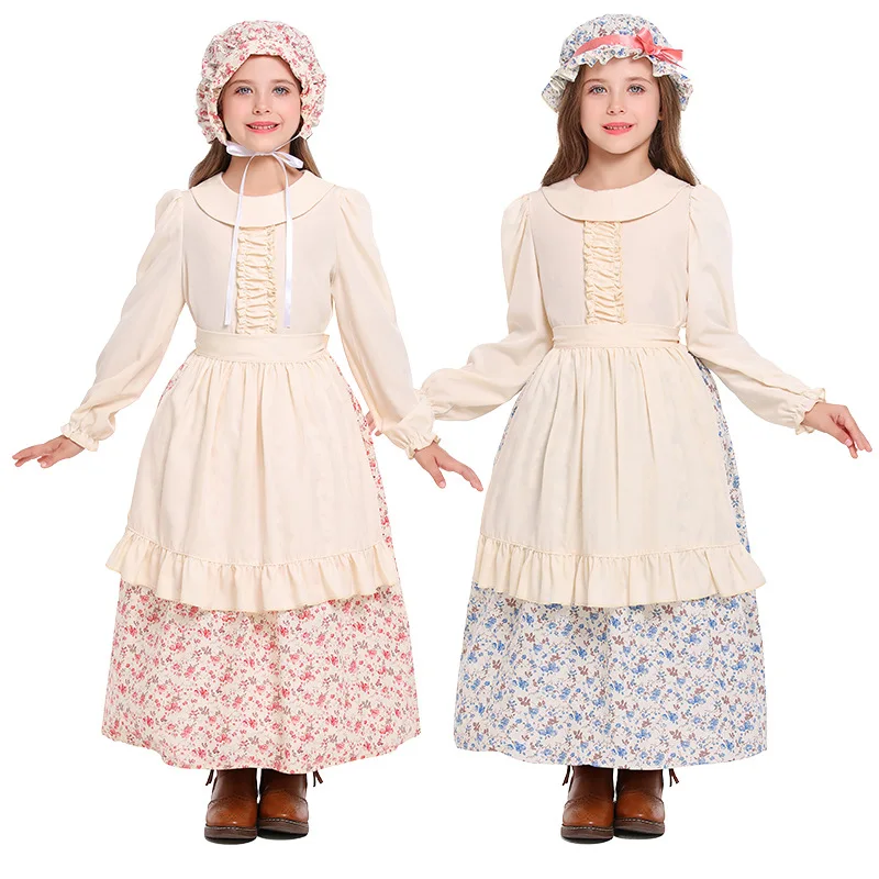 Umorden American Colonial Prairie Pioneer Girl Costume for Kids Child Tween Teens Girls 4-14Y With 2 Hats Pink Blue Farm Dress