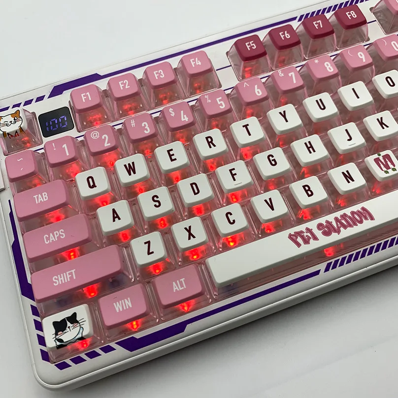 

Pink theme keycap PBT four-sided light transmission heat sublimation MDA double leather milk ball cap 84/87/98/117