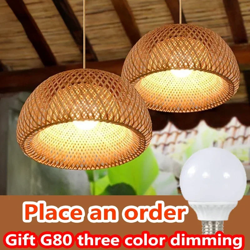 Traditional Bamboo Chandelier Hanging Lamp Ceiling Handmade Rattan Pendant Light Fixture Weaving Home Living Ceiling Light