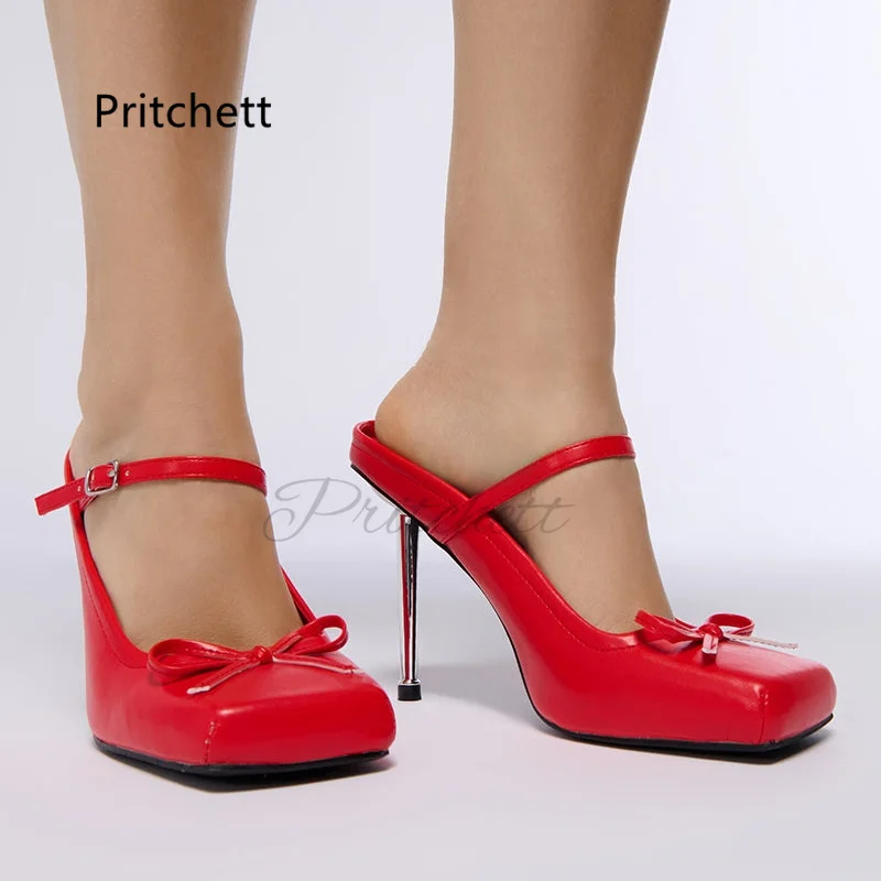 

Red Square Toe High Heeled Mules for Women Novelty Designer Slip On Slippers Unique Style Ballet Pumps Stiletto Summer Shoes