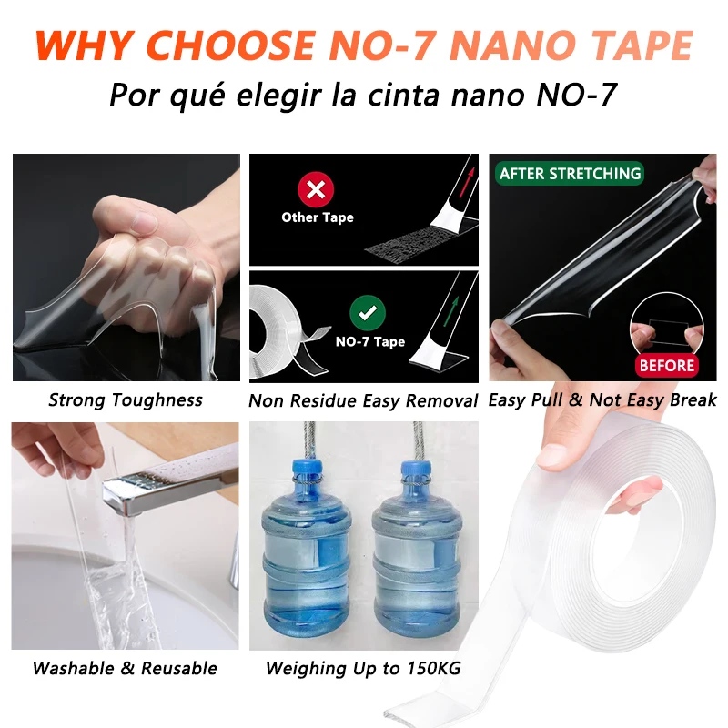 1/4PCS Double Sided Nano Tape Multipurpose Removable Adhesive Tape Transparent Grip Mounting Washable Waterproof Strong Sticky