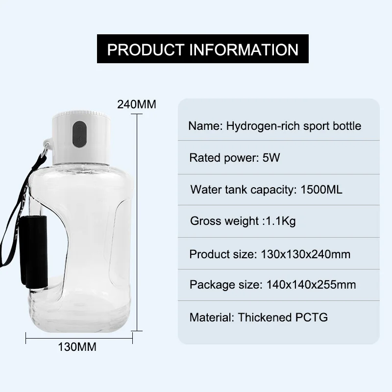 1.1L 수소수 생성기 알칼리성 생성기 충전식 휴대용 이온수기 병