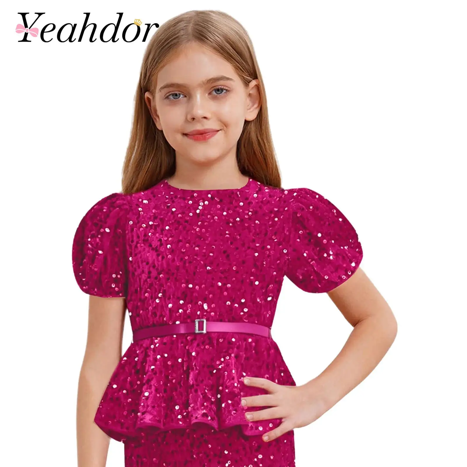 Children's Clothes Kids Girls T-shirts Sparkly Sequins Dance Party Short Tops with Belt for Birthday Prom Graduation Costumes