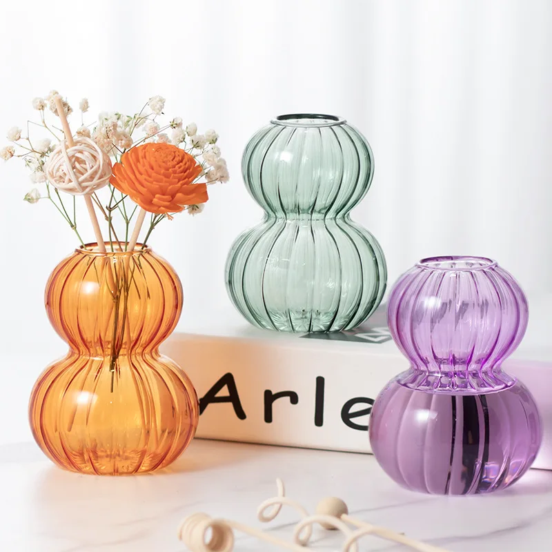 1Pcs Vertical Striped Glass Gourd Shaped Transparent Glass Vase Desktop Home Decoration Home