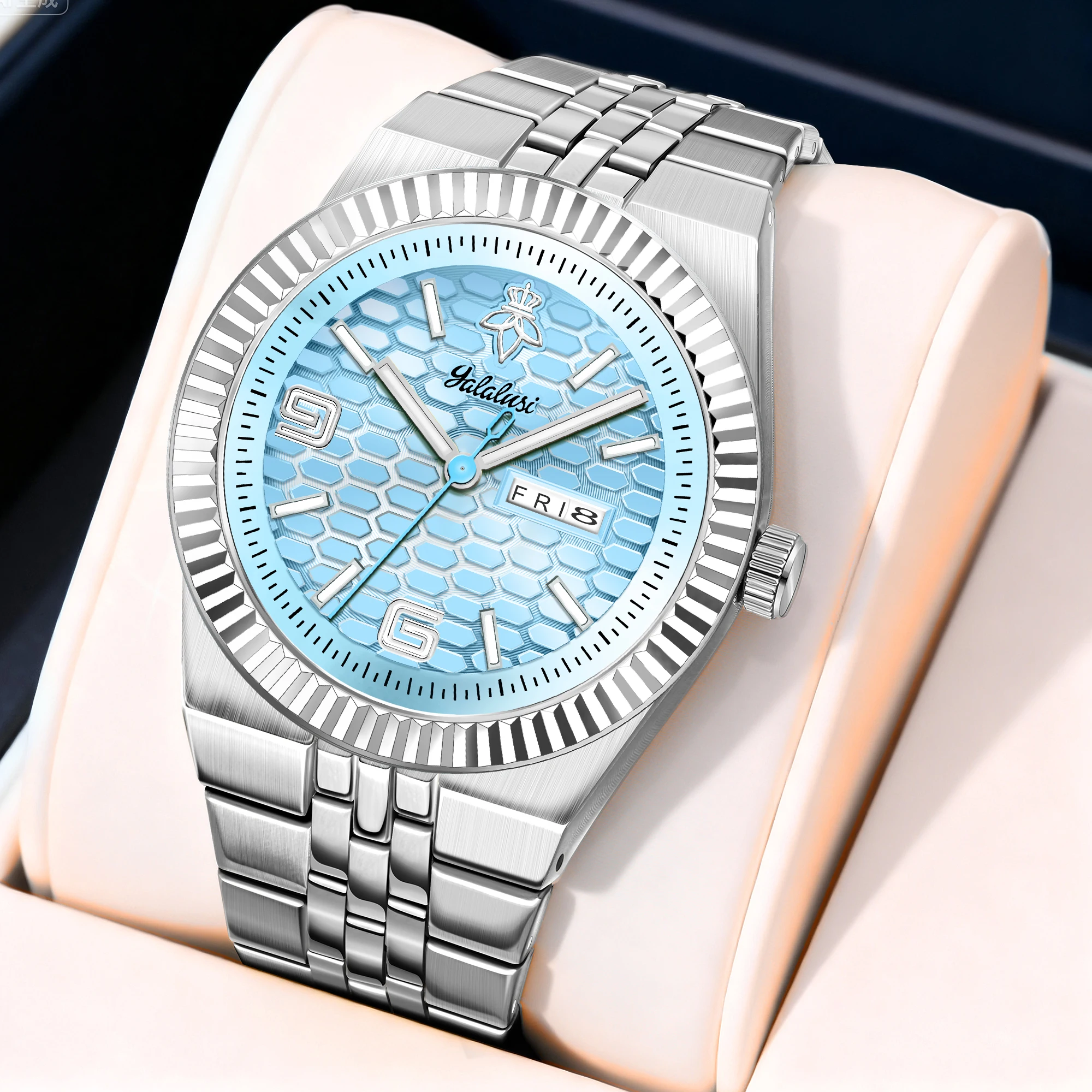 

Мужские кварцевые наручные часы в деловом стиле Yalalusi с двойным календарем и элегантной подарочной коробкой, регулятором ремешка и тканью.