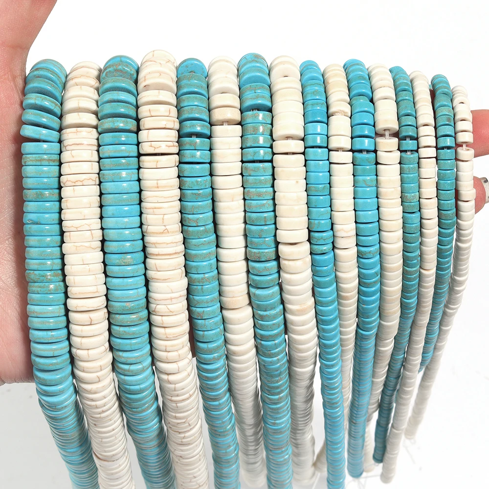 1 String Natural Stone Beads White Blue Flat Round Turquoise Spacer Bead For DIY Jewelry Bracelets Necklace Accessories Supplies