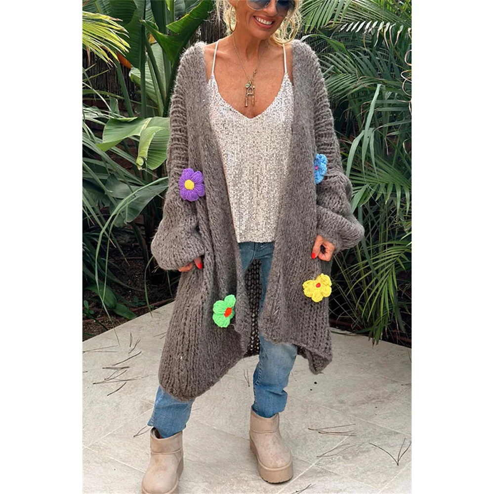 Knitted Cardigan Women 2024 Elegant Loose Long Outerwear Crochet Flowers Sweater Coat Soft Cover Up Fashon Streetwear Outfits