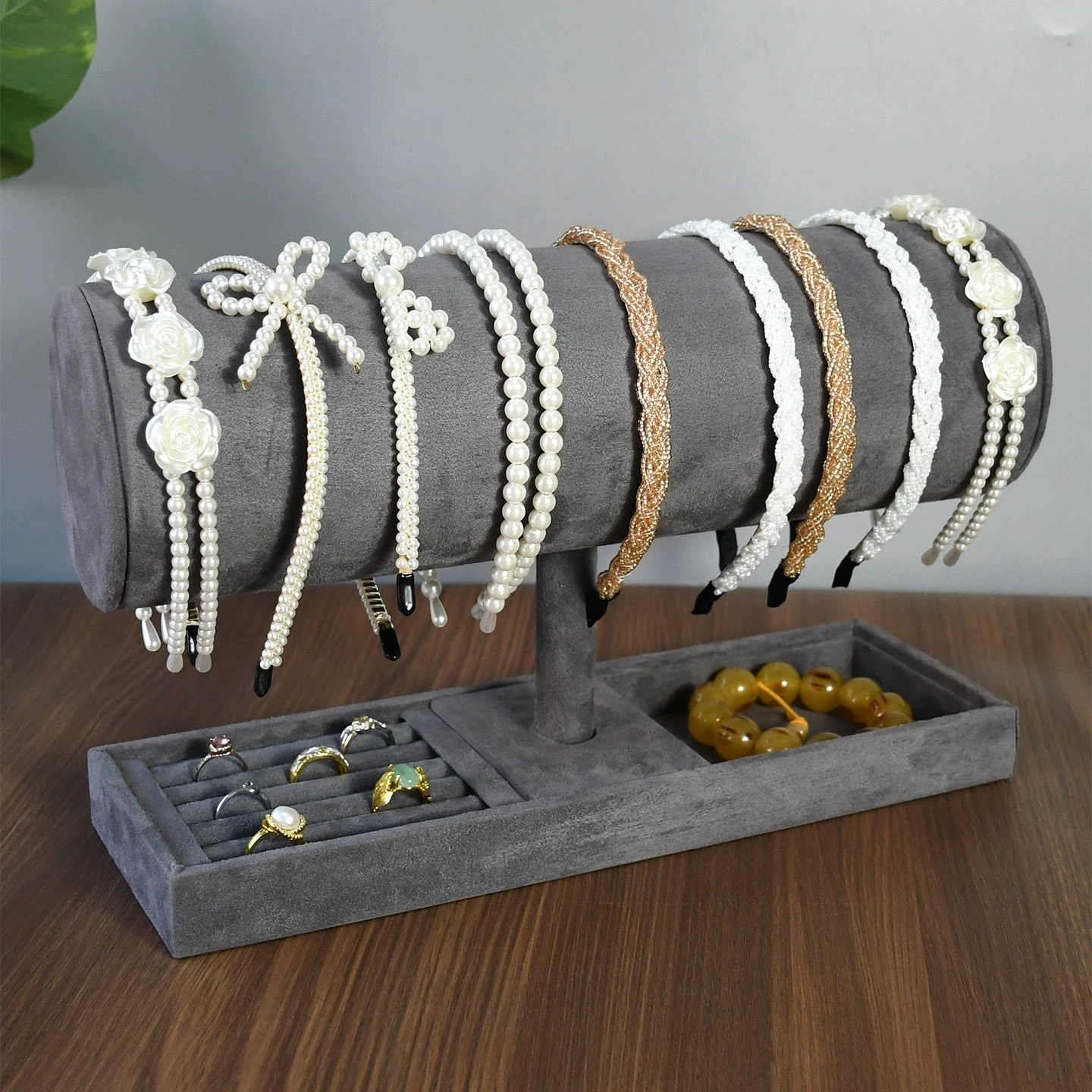 

Elegant Velvet Hair Band Display Stand Large Capacity Headband Storage Rack With Tray Desktop Jewelry Organizer Showcase Props