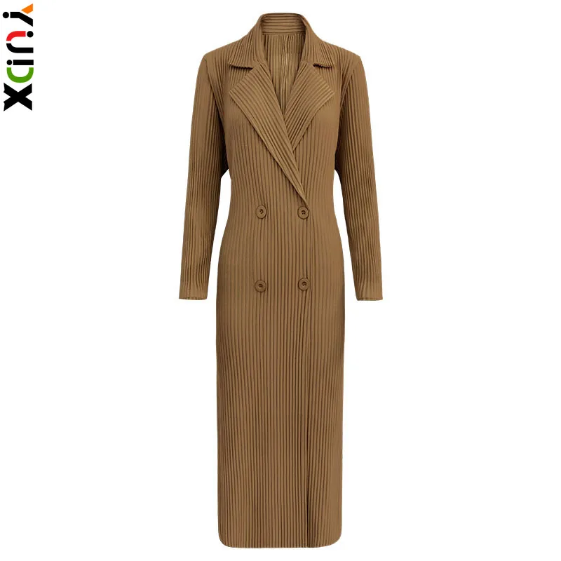 

Miyake Pleated Solid Double-breasted Trench Long-sleeved Blazer Collar Long Slim Thickened Slim Women's Dress 2023 Autumn New