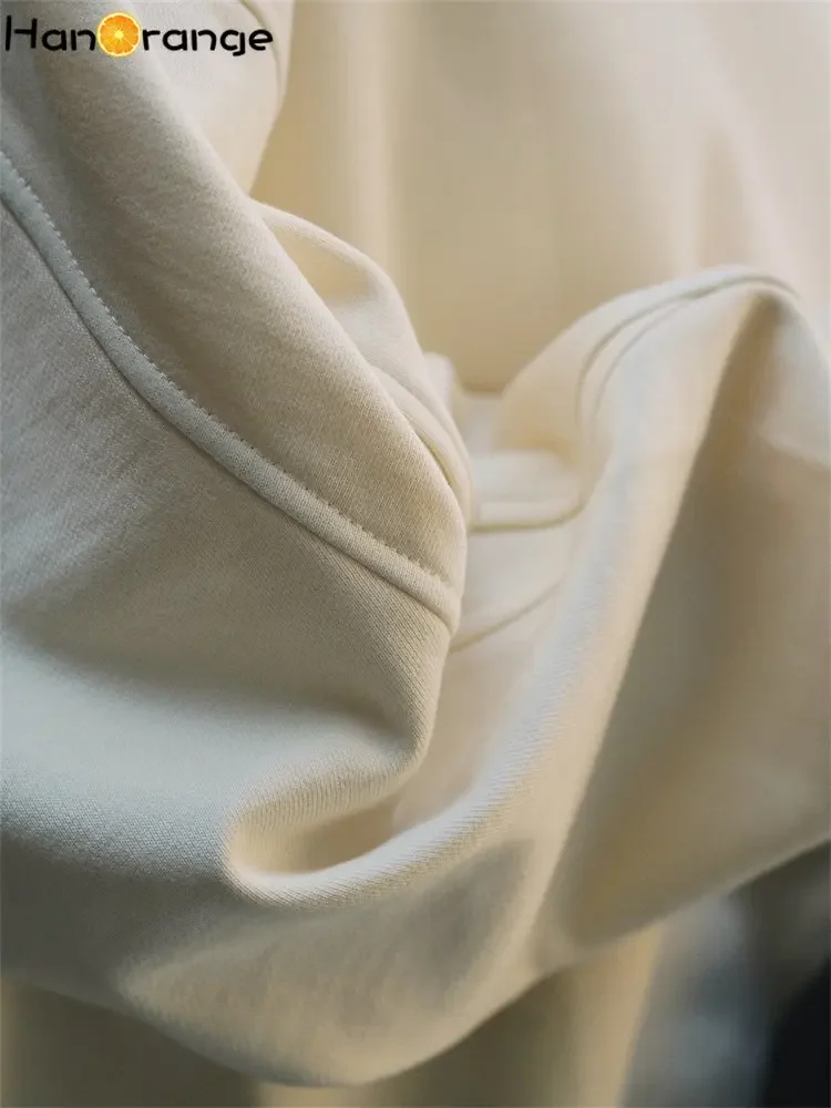 HanOrange 2025 أوائل الربيع صورة ظلية بسيطة س الرقبة القطن البلوز المرأة فضفاضة رداء علوي غير رسمي البلوز أوف وايت/رمادي داكن