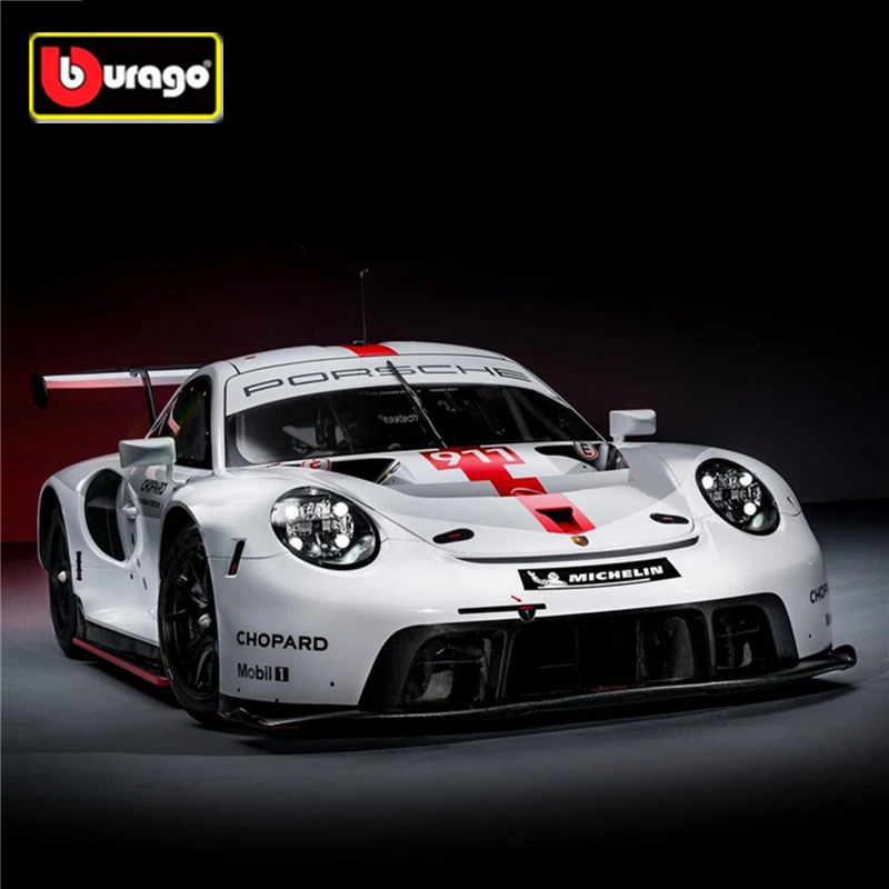 Bburago-Modèle de voiture de course Porsche 911 RSR en alliage moulé sous pression, jouet en métal, modèle de voiture de sport, haute simulation,