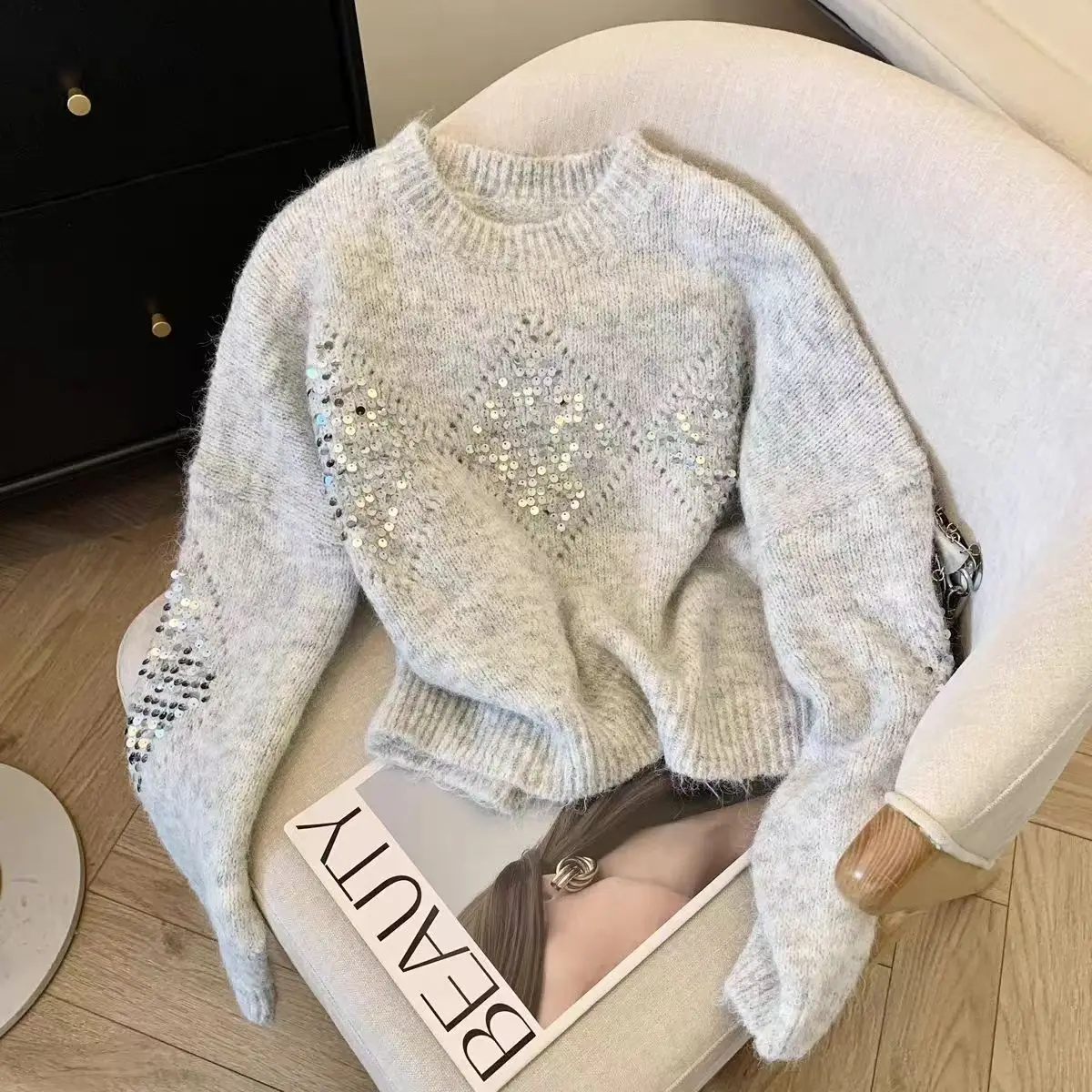

French Sequin Knitted Sweater Women Long Sleeve O Neck Pullover Casual Korean Fashion Knitwear Jumpers Tops 2025 Spring Winter