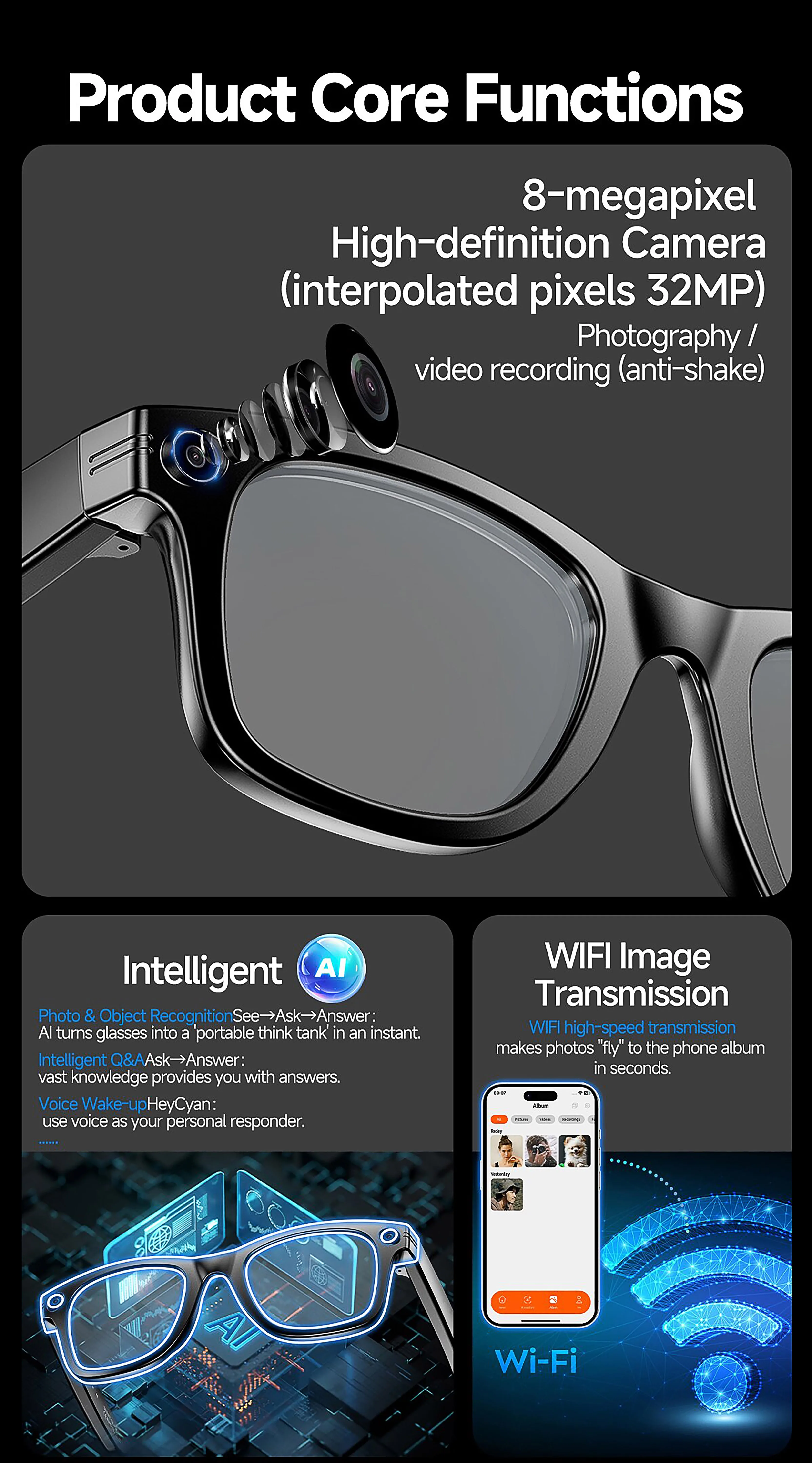 Intelligente Brille mit KI-Funktion, hochauflösender Kamera, Übersetzung, Konversations- und Videoaufzeichnung, Büro- und Business-Smartglasses – Detail 2