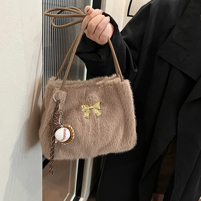 

Baseball Pendant Tote Bag Solid Color Ladies Bag Stylish Bow Decor Shoulder Bag Versatile Plush Bag for Women