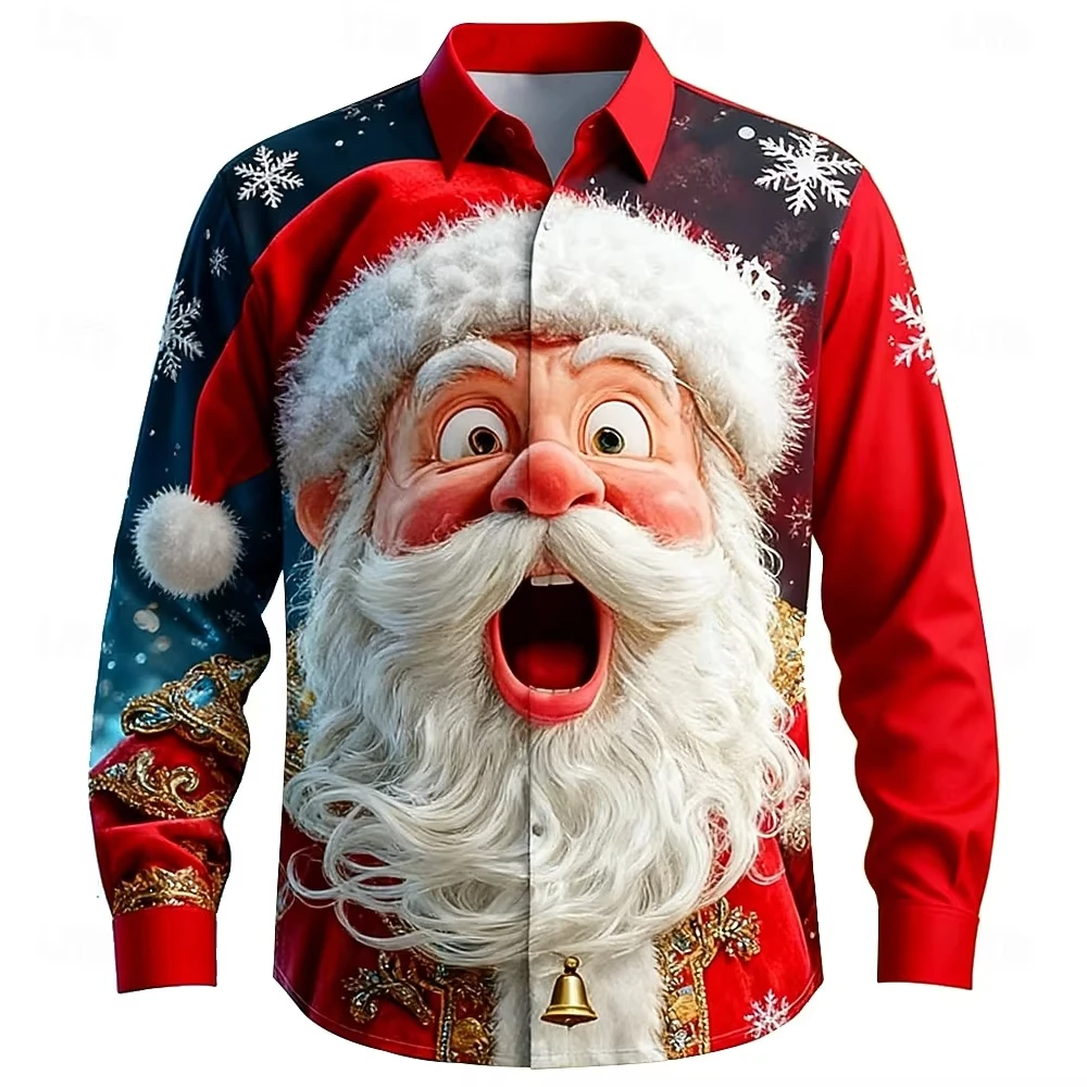 New Men's Fashion 3D Santa Claus Print Lapel Shirt Long Sleeve Hip Hop Trend Autumn Casual Christmas Wear Premium 2025