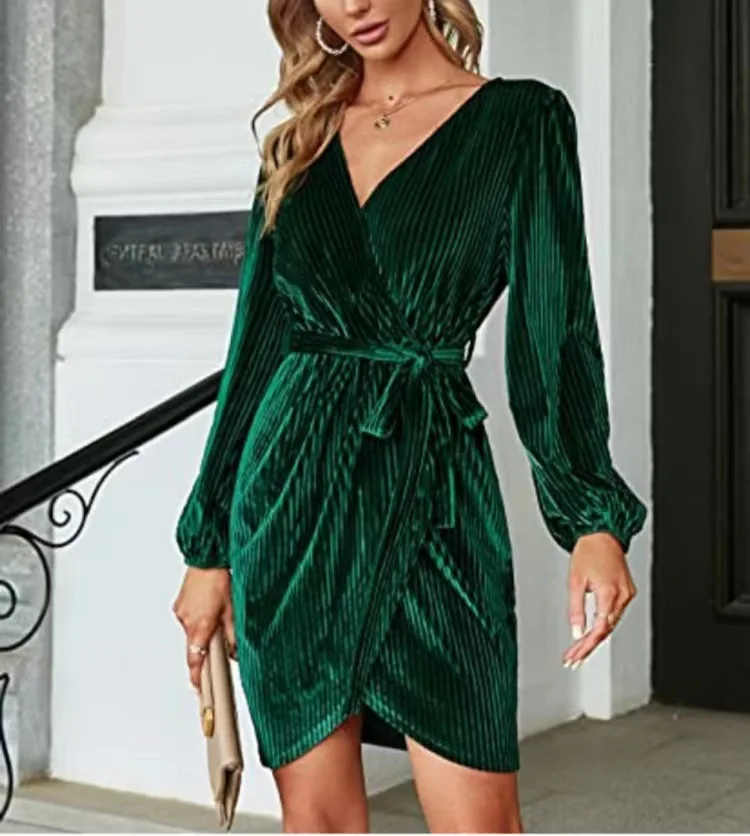 Autumn Winter Season Women's Solid Velvet Long Sleeve Banquet Mini Dress 2023 Sexy V Neck Lace Up Elegant Party Dresses Robe