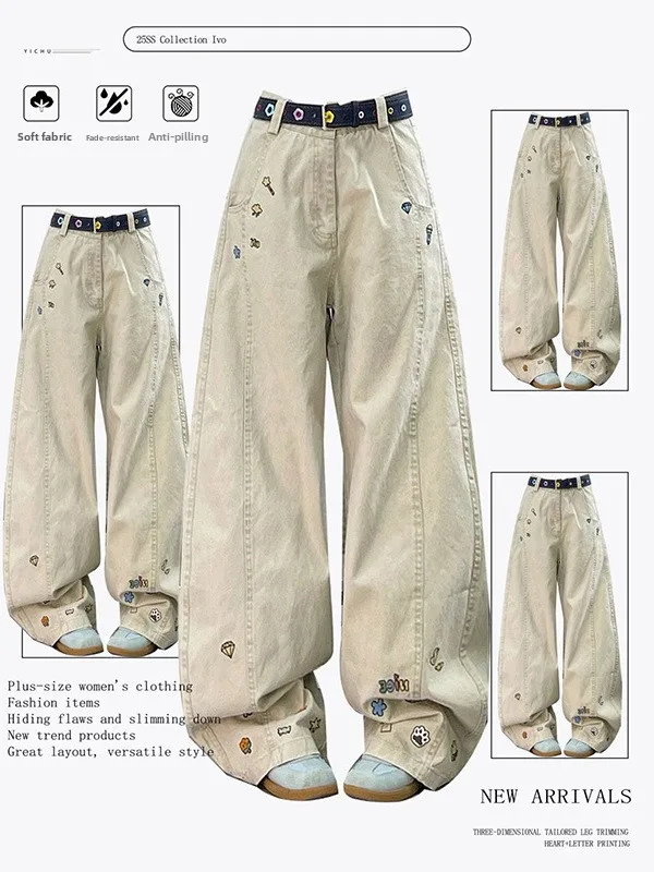 

Large Size 300 Pou Cartoon Embroidered Casual Jeans Loose Wide Leg Knife Pants for Men And Women Spring Autumn New Sle