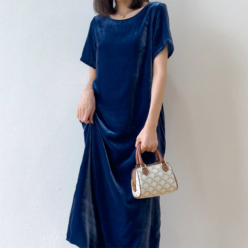 Women Silk Velvet Midi Dress 100% Mulberry Silk Lining Navy O Neck Comfortable Short Sleeve A-line Long Type Dress M L M1221