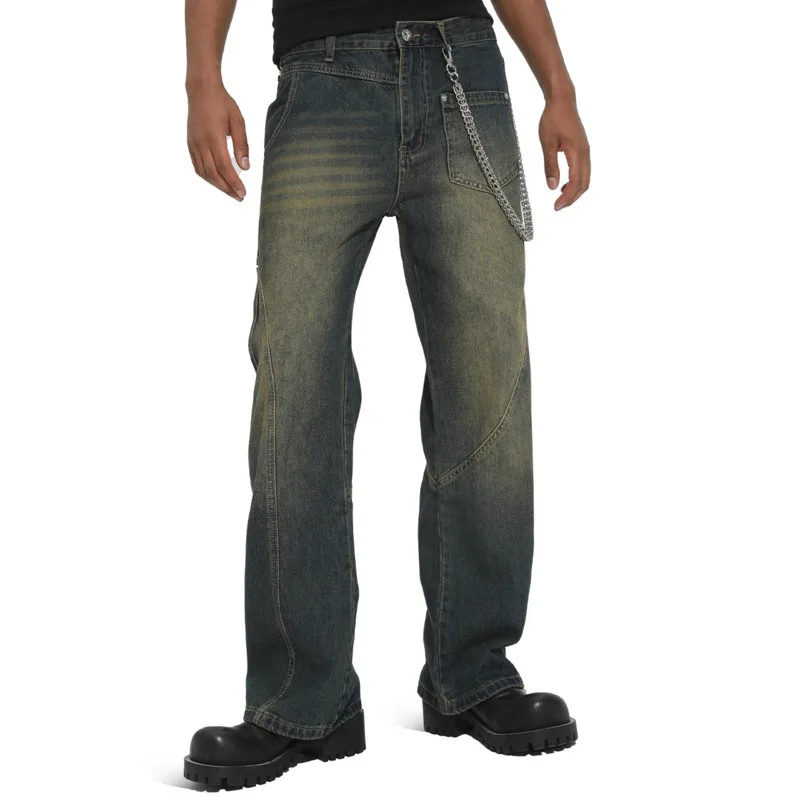 Мужские джинсы Four Seasons высокого класса в американском стиле ретро, винтажные, для похудения, прямые, универсальные, простые, джинсы с микроподтяжками