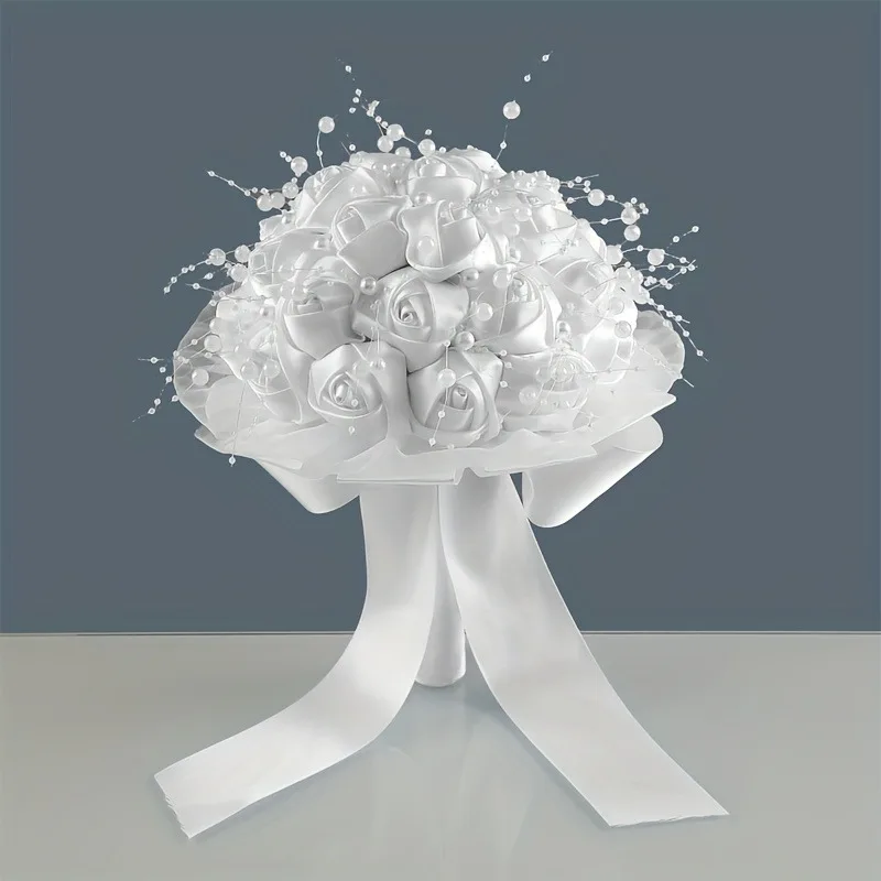 باقة زفاف عروس فاخرة من الحرير الوردي باقة زهور صناعية محمولة مع شريط زفاف عتيق لتزيين باقة الزفاف