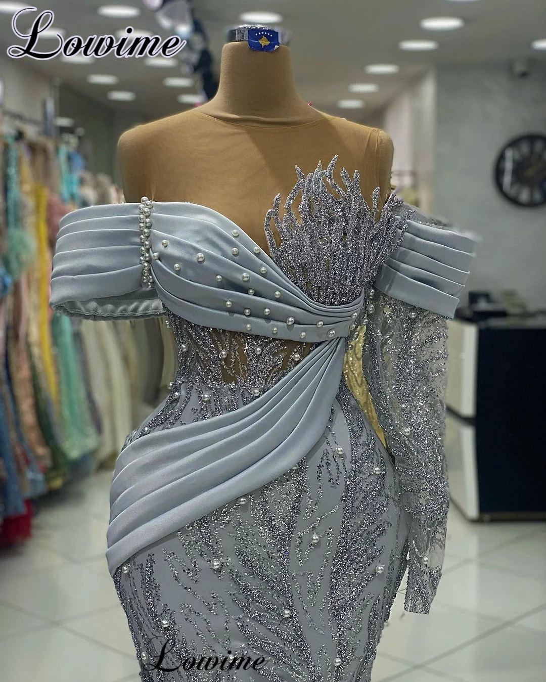 Vintage Gray Celebrity Dresses Mermaid Off Shoulder Evening Gowns With Pearls Vestidos De Gala Wedding Guests Dresses For Women