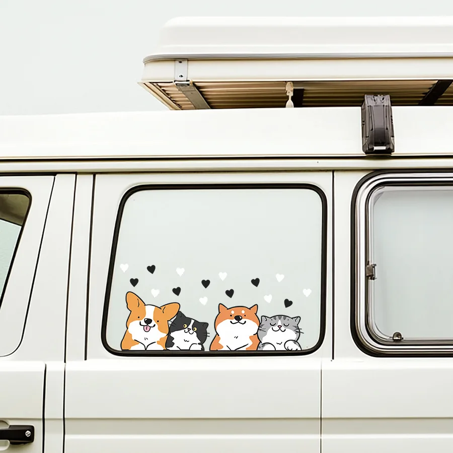 Cartoon Pet Window Decal Cute Corgi Shiba Inu Cat Design Car Glass Sticker Self-Adhesive Removable Auto Decoration