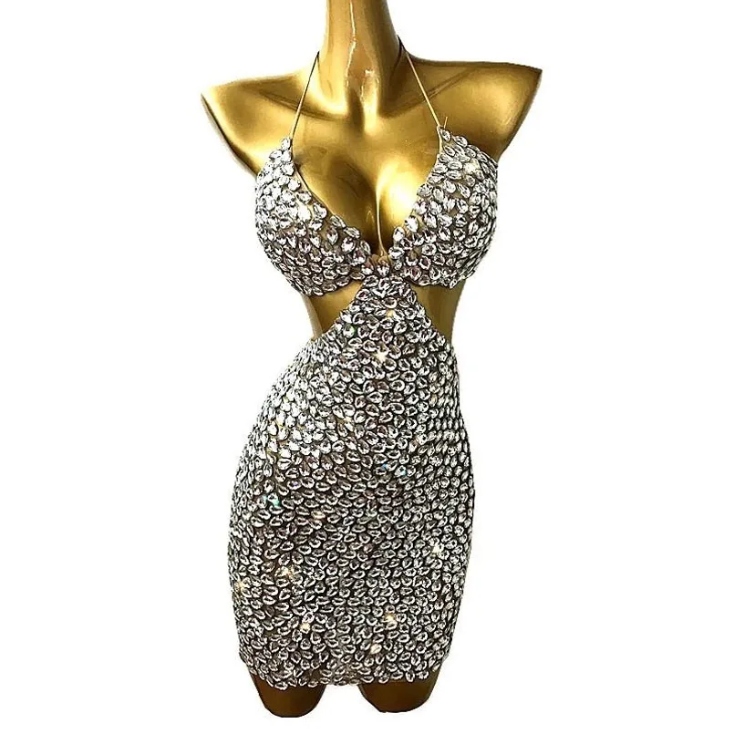 

Singer Party Rhinestones Bra Mini Dress Birthday Celebrate Sexy Stage Performance Outfit Women Dancer Show Singer Wear