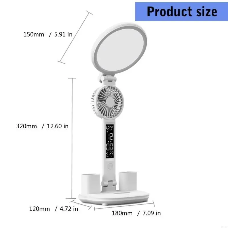 Ronde schermventilatorlamp met 3200 mAh batterij/ USB -oplaad, LED toont tijdstemperatuurvochtigheid multifunctioneel 83ce
