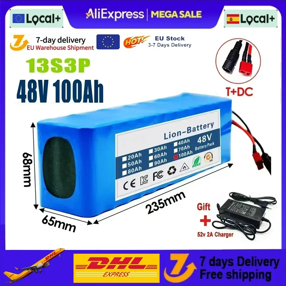 Neue Original 48V 100Ah 1000W 13S3P 100000mAh Lithium-Ionen-Batterie 54,6V Lithium-Ionen-Akku für Elektroroller mit BMS + Ladegerät