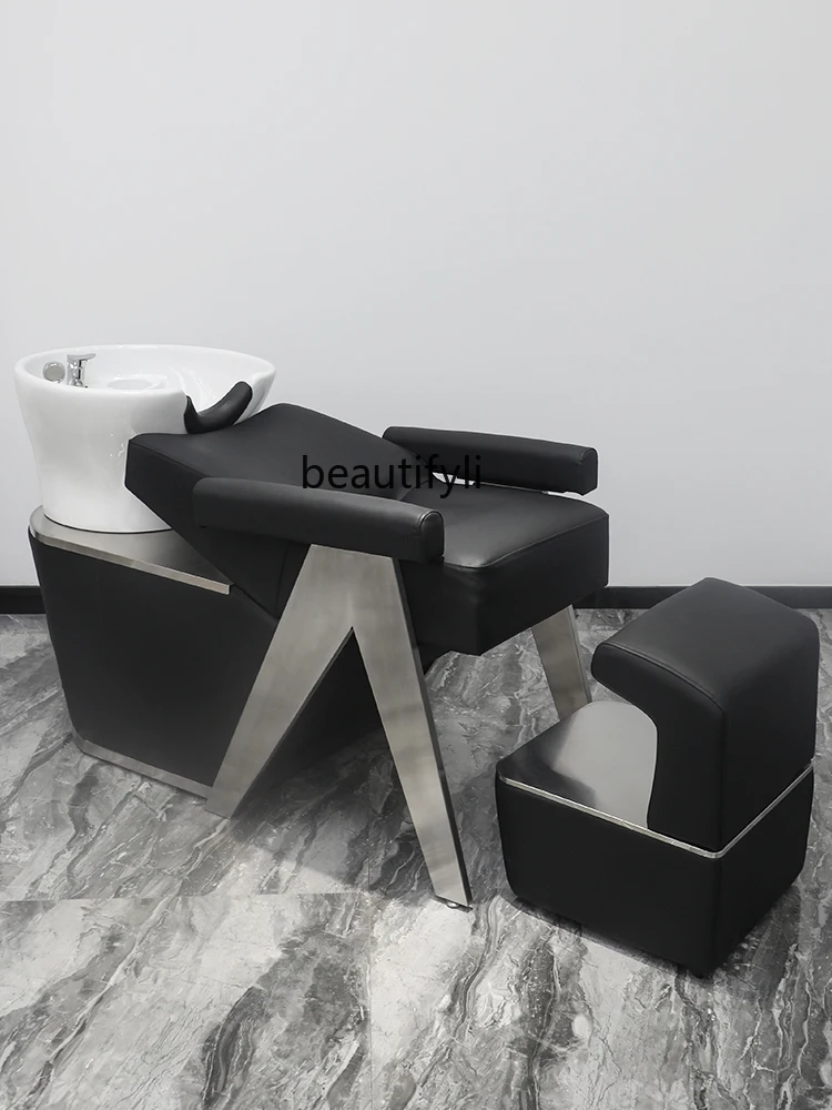 Barber Shop Shampoo Lying Half Stainless Steel Deep Basin Shampoo Chair Hair Salon Flushing Bed for Hair Salon