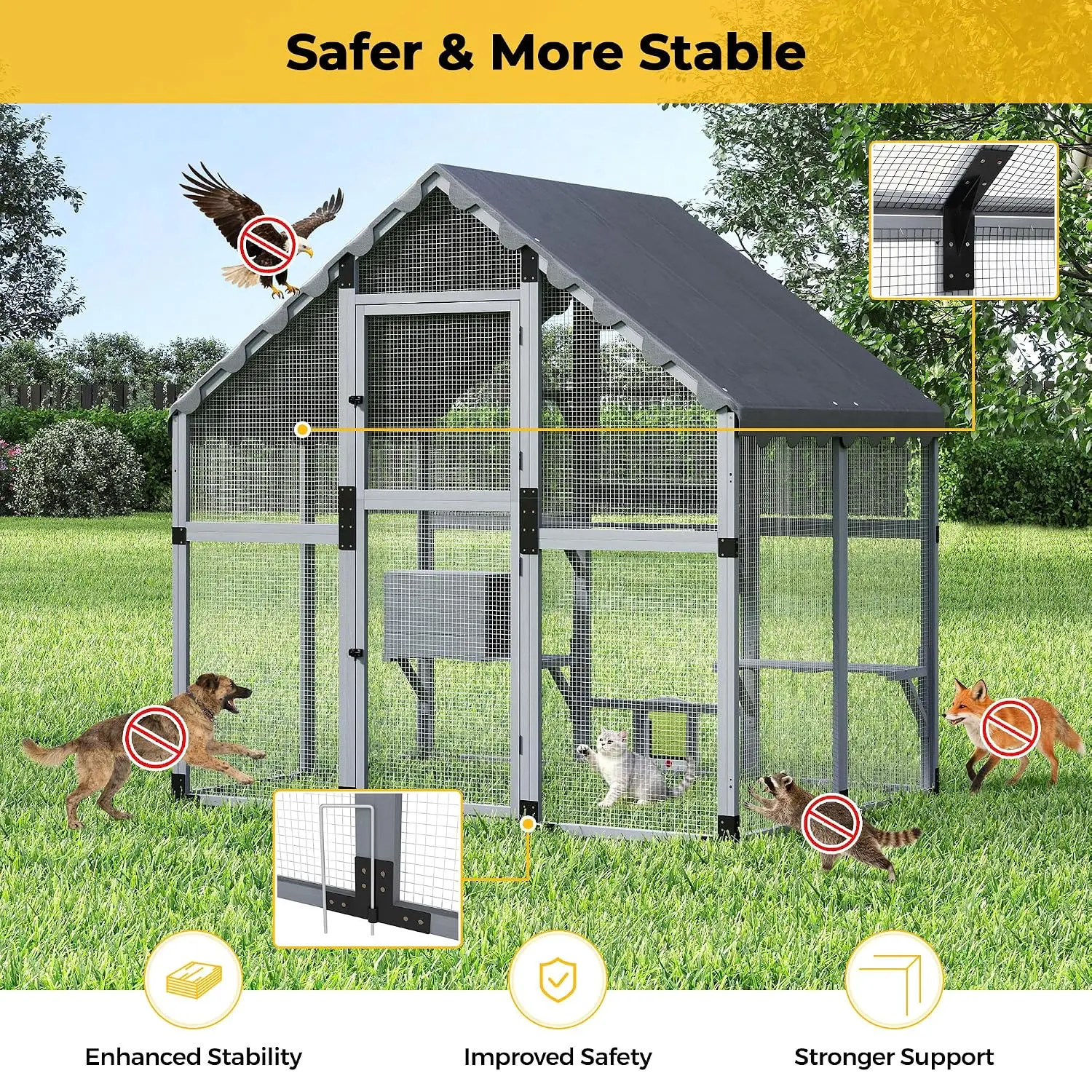 27ft² Wooden Cat Patio Run for Multiple Cats, Window Access & Small Pet Door with 4-Way Lock, Cat House Sign Included