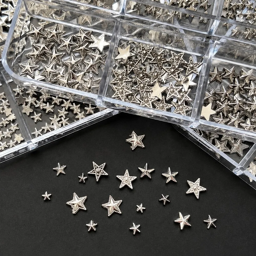 6 Grids/Box Nail Art Rivets Kit Five-pointed Star Silver Nail Art Sequins Set Metal Spike Studs 3D Nail Charms Decorations DIY